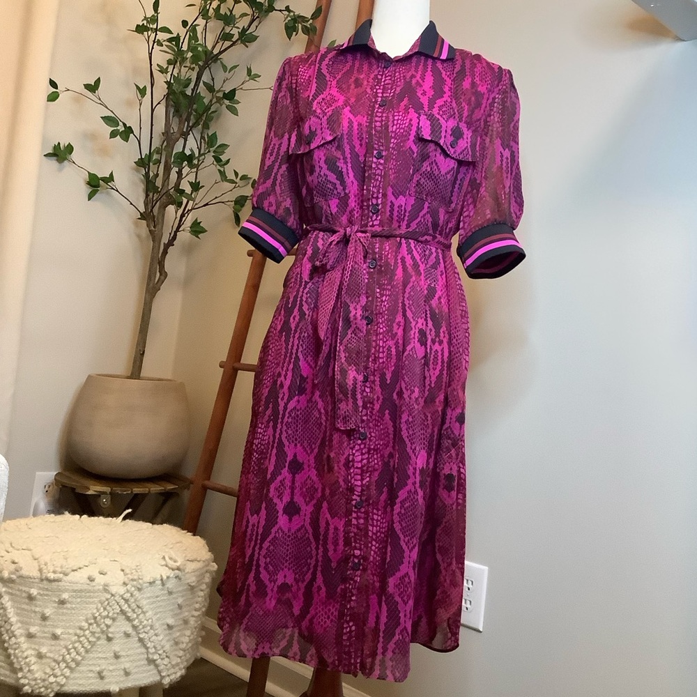 Anne Klein Snake Skin Collared Button Down Belted Fuchsia A-Line Dress 12